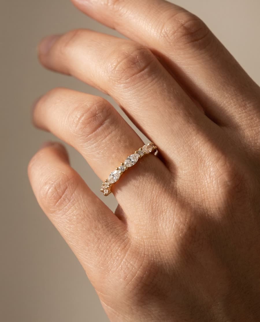 AI on-model jewelry photography — the same gold marquise ring worn on a model's hand